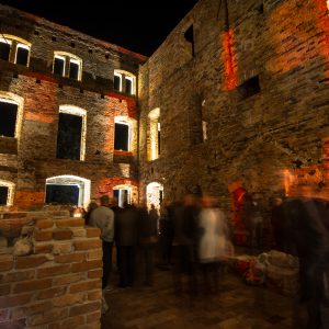 Podświetlone ruiny pałacu w Parku Książęcym Zatonie